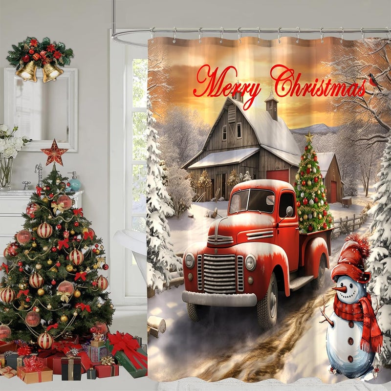 YOSTEV Red Truck Christmas Shower Curtains for Bathroom Decoration Christmas Tree Shower Curtain Winter Vintage Rustic Farmhouse Bathroom Curtain Xmas Pine Fabric Cloth Bath Curtain 72x72 Inch - Image 1